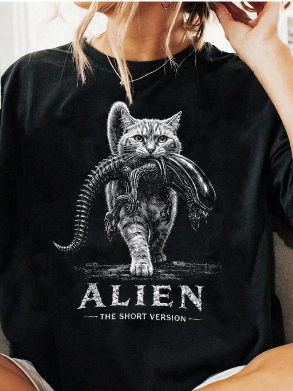 Alien The Short Version Cat Xenomorph Black Graphic Tee Parody